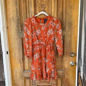 Chiffon Orange Cottage Floral Flowy Juniors Midi Dress Size 12